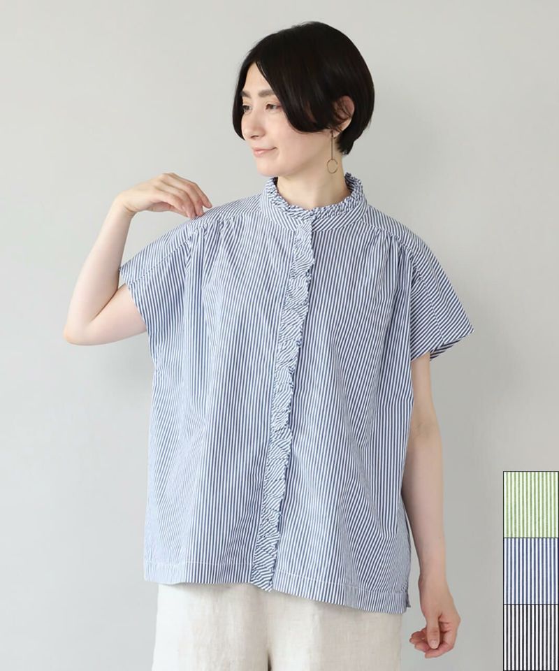YURK geniet vanフリルがかわいいストライプブラウス
