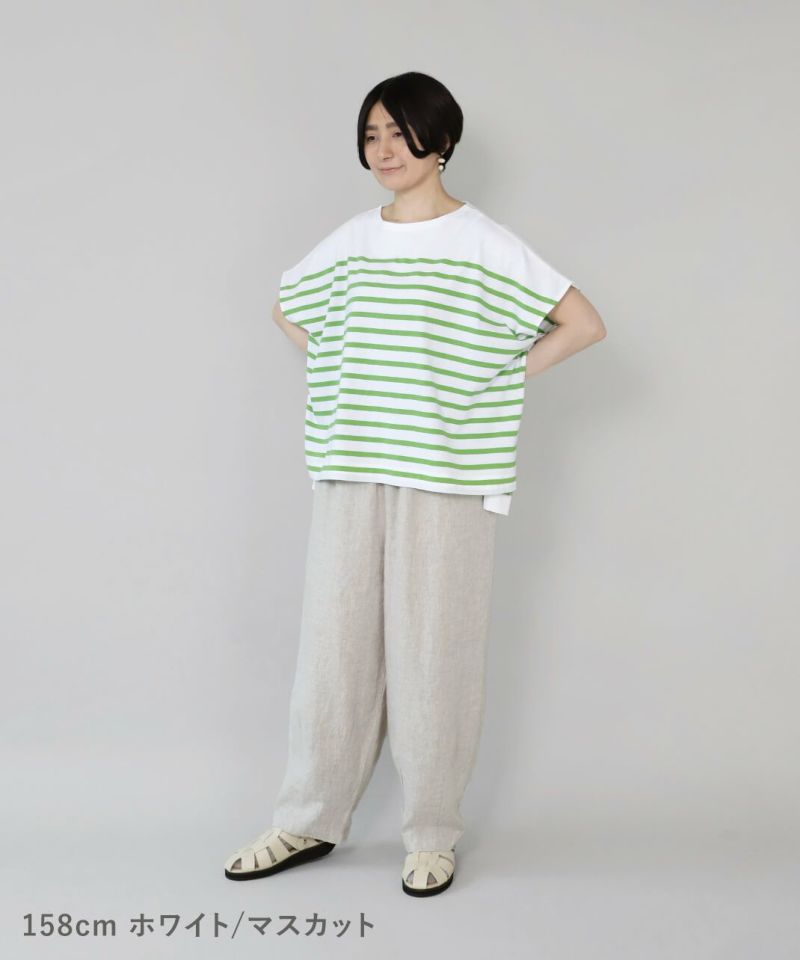 momogusa 裾ねじりサロン リネンボーダー 30%off】mumokutekiパネルボーダーのフレンチスリーブカットソー