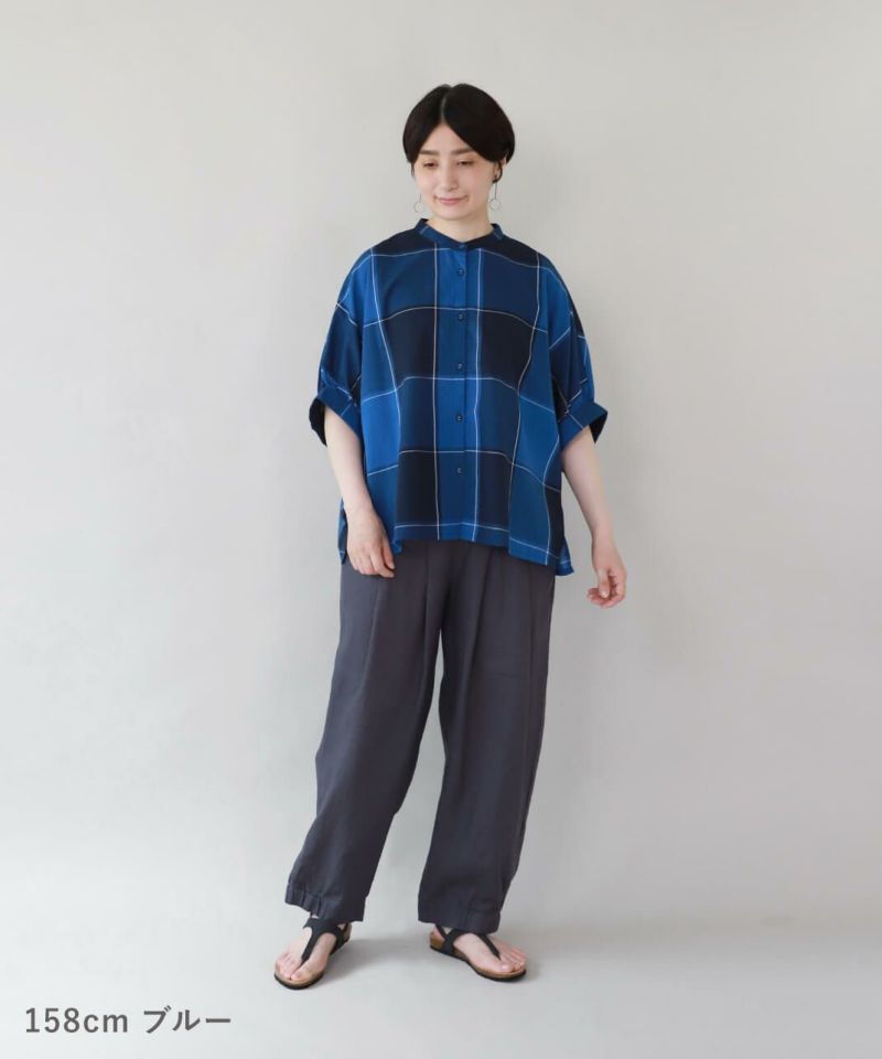 大きいサイズ！blue willow ナチュラルリネン100チェックブラウス blue willow ブルーウィロー リネン100 ブラウス ギンガム