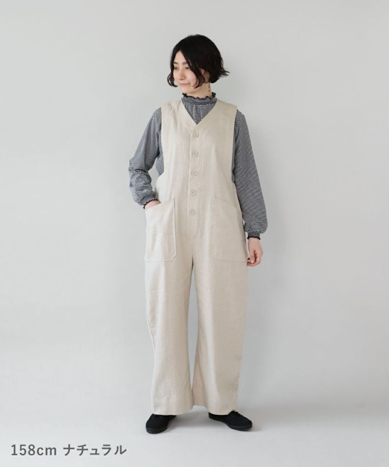 YURK geniet vanコットンリネンのVネックサロペット