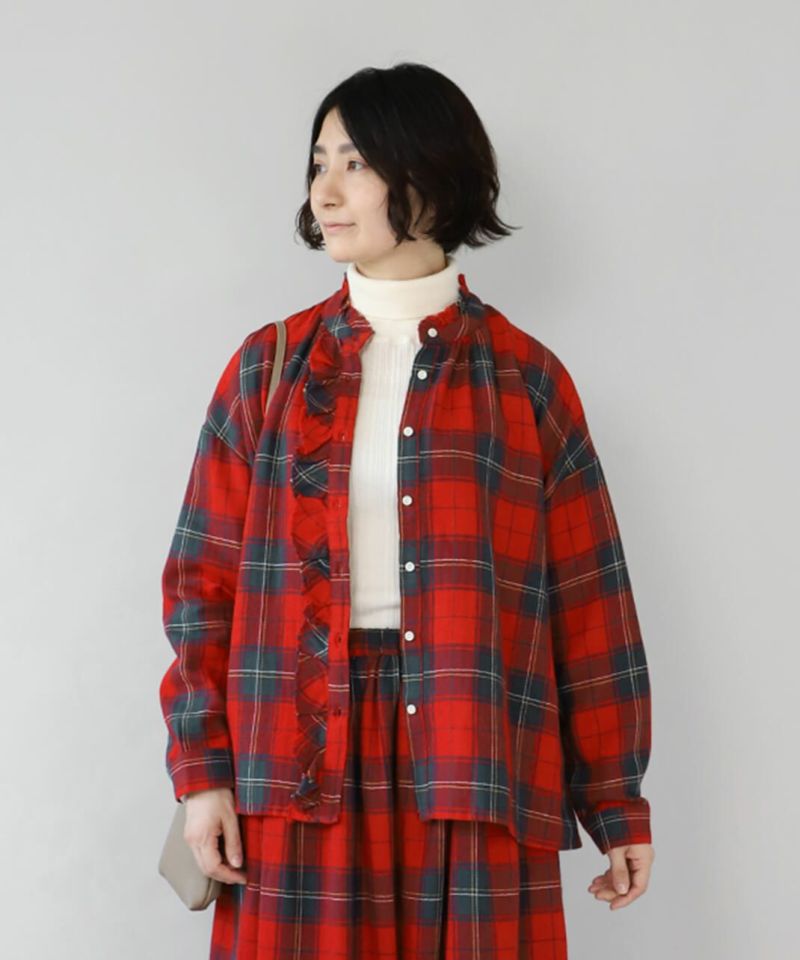 blue willowコットンリネンのチェックフリルブラウス | mumokuteki