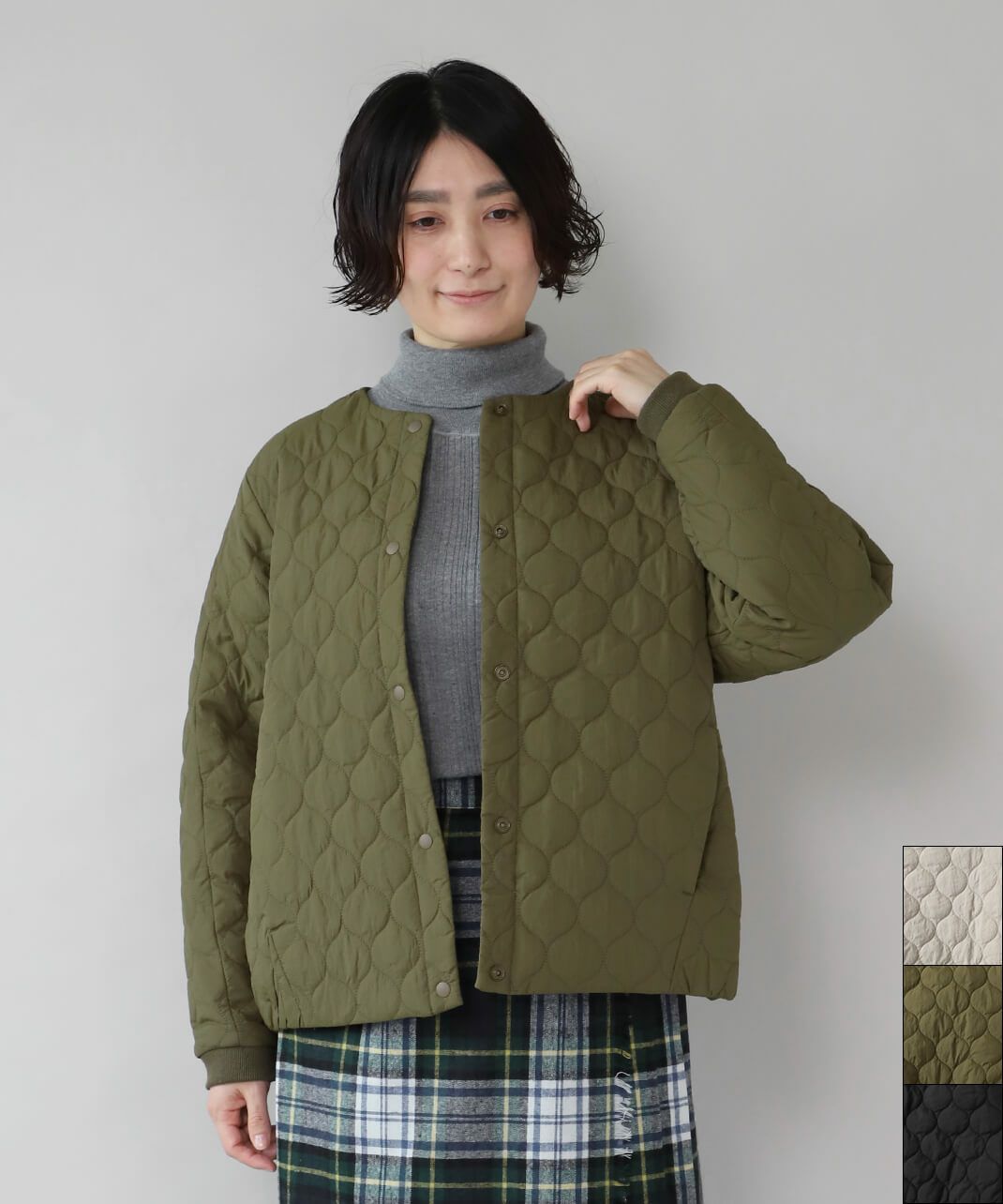 20%off】nachukaraナイロンキルトのノーカラー中綿ブルゾン