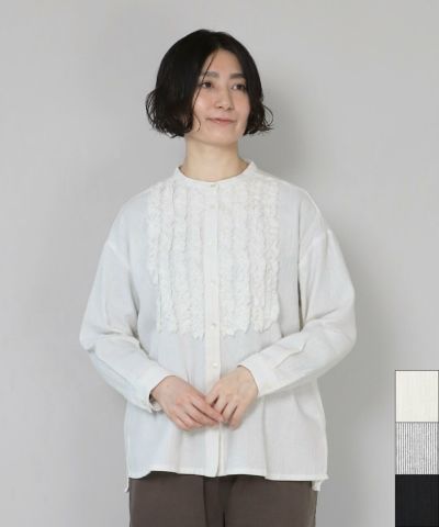 新品 ブルーウィロー リネン フリル襟 ブラウス シャツ 長袖 黒 blue willow ブルーウィロー リネン2枚襟フリルブラウス 11505