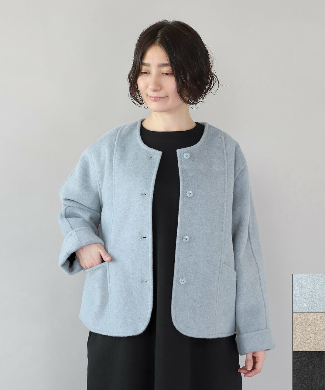 mumokutekiウールミックスのノーカラーショートコート | mumokuteki