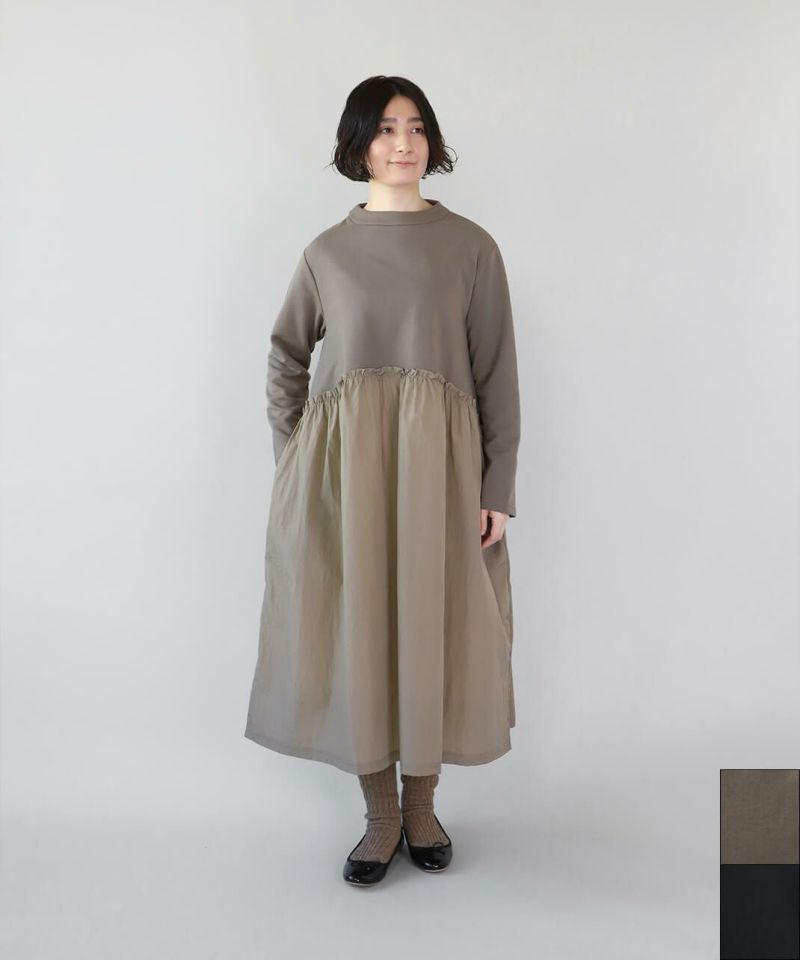 40%off】mumokuteki異素材切替えのギャザーワンピース | mumokuteki