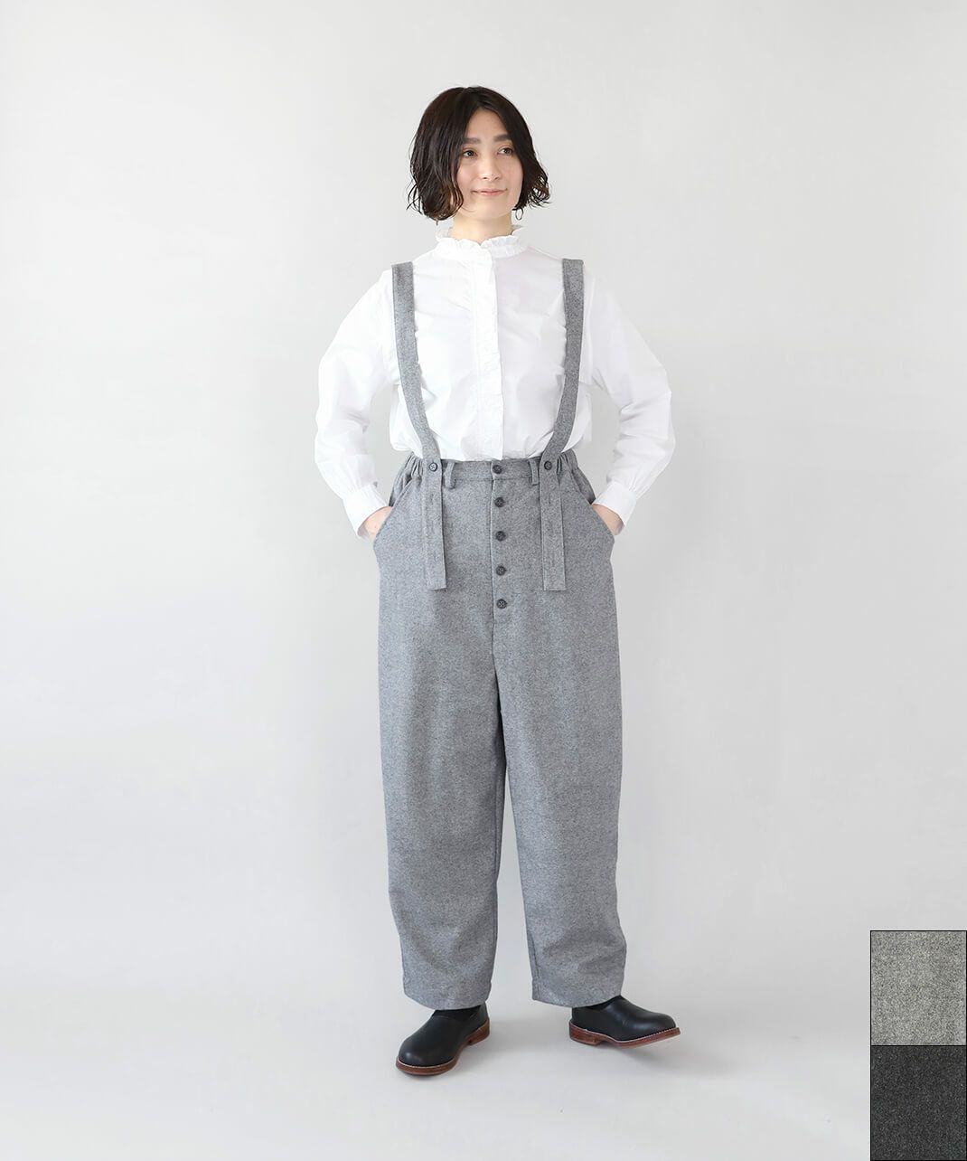 nachukara洗えるウールミックスのサスペンダーパンツ | mumokuteki