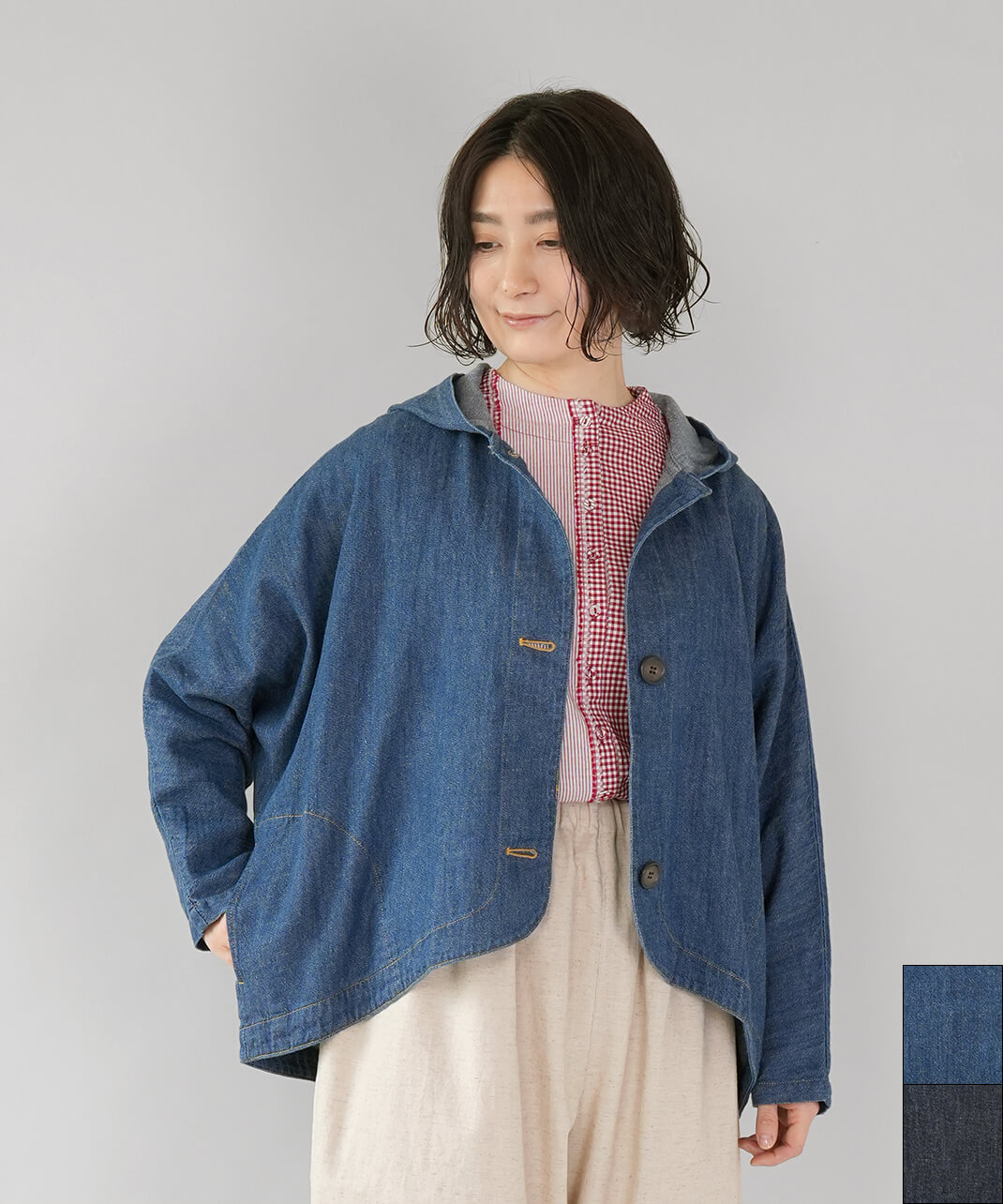 ista-ireコットンリネンデニムのバルーンフードジャケット